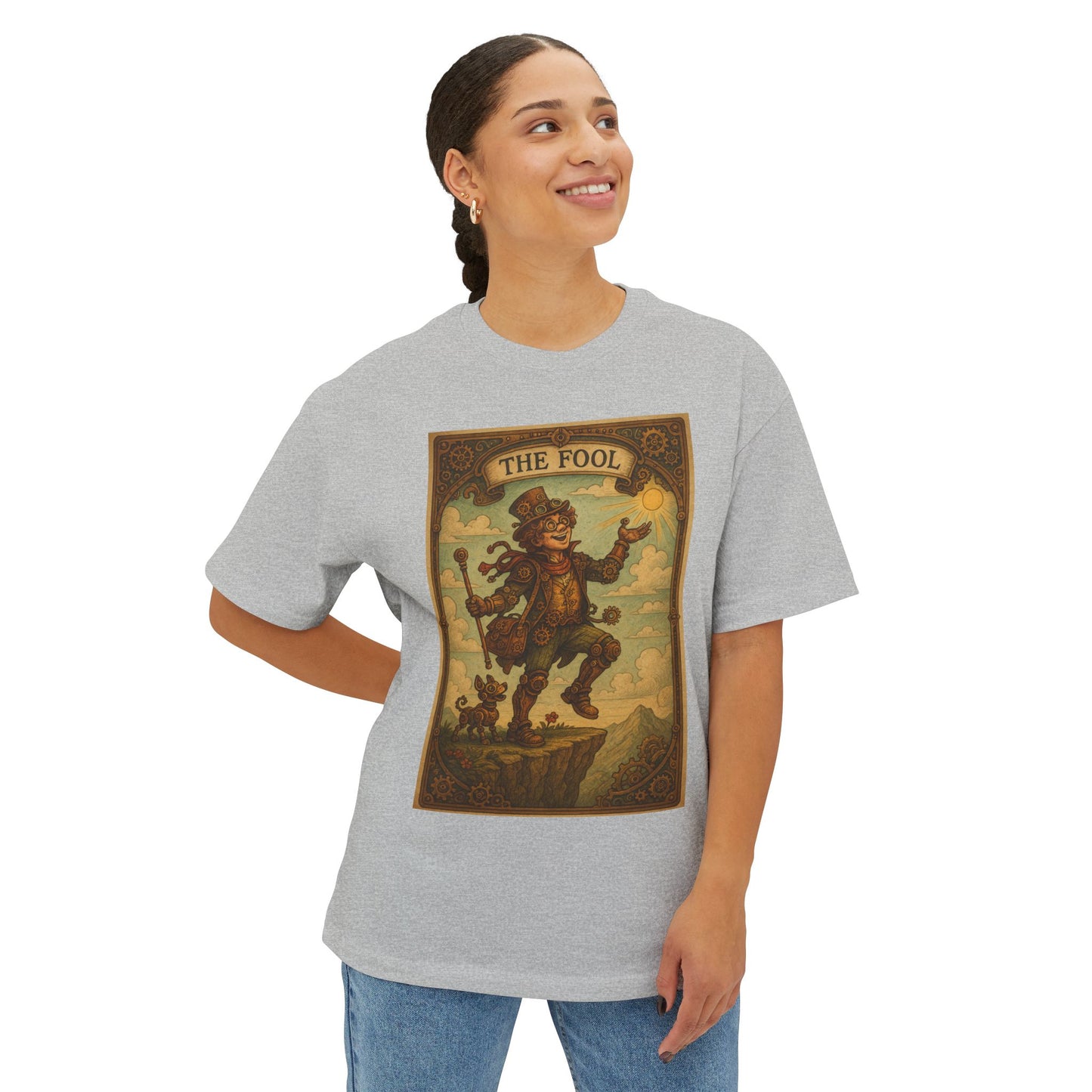 Mystical Tarot-Themed Unisex Oversized Boxy Tee, Tarot Gift, Witchy Apparel, Boho Style Shirt, Spiritual Clothing, The Fool Design