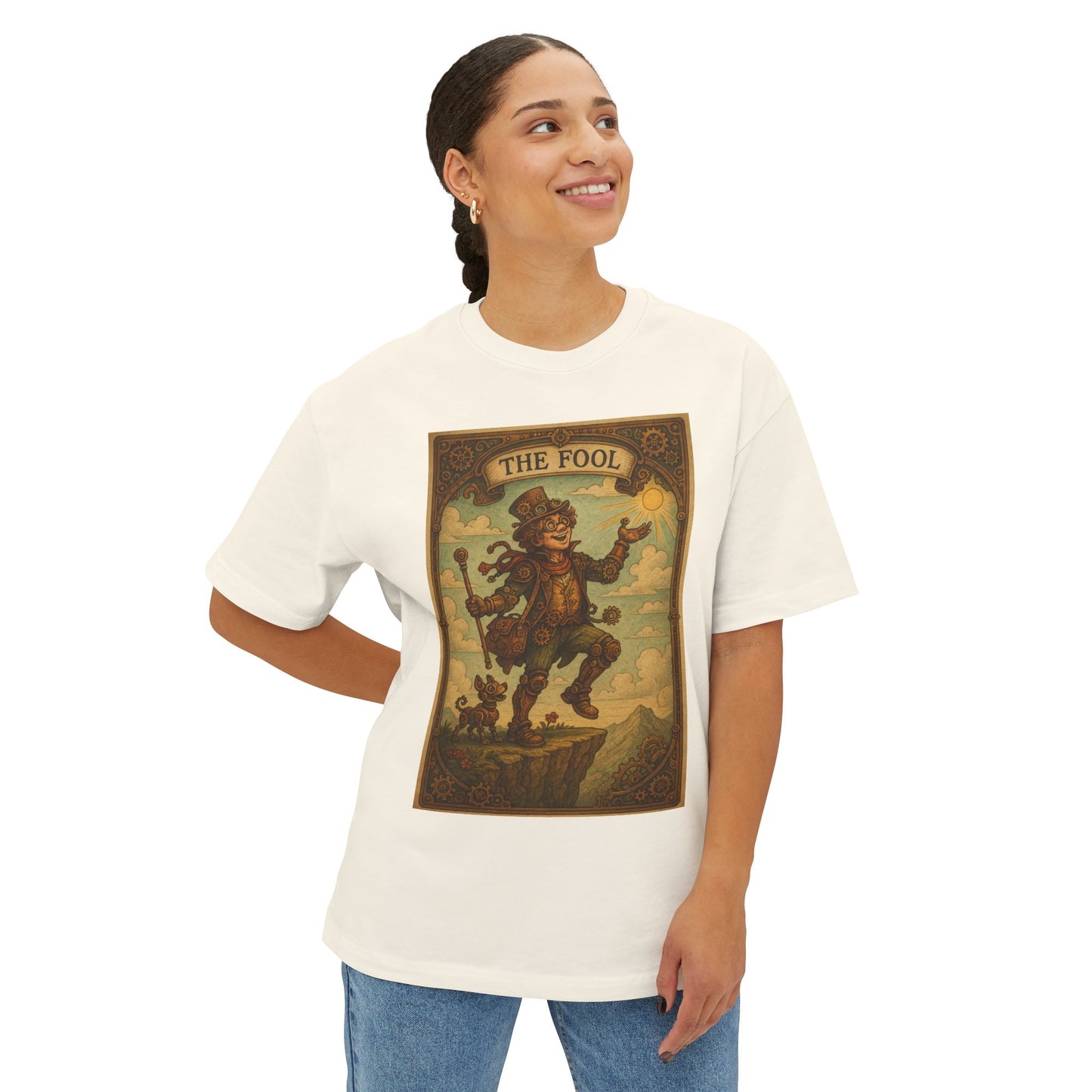 Mystical Tarot-Themed Unisex Oversized Boxy Tee, Tarot Gift, Witchy Apparel, Boho Style Shirt, Spiritual Clothing, The Fool Design.