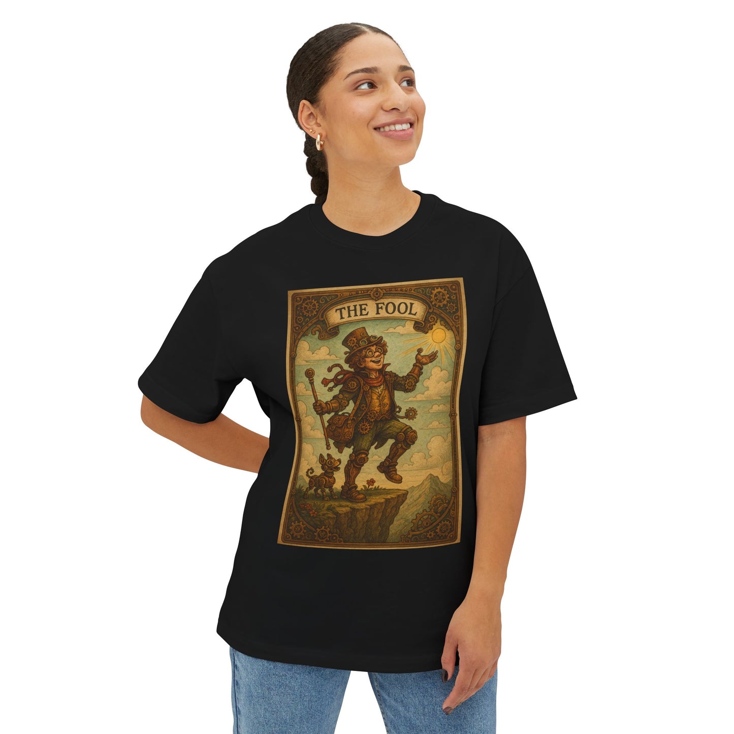 Mystical Tarot-Themed Unisex Oversized Boxy Tee, Tarot Gift, Witchy Apparel, Boho Style Shirt, Spiritual Clothing, The Fool Design.
