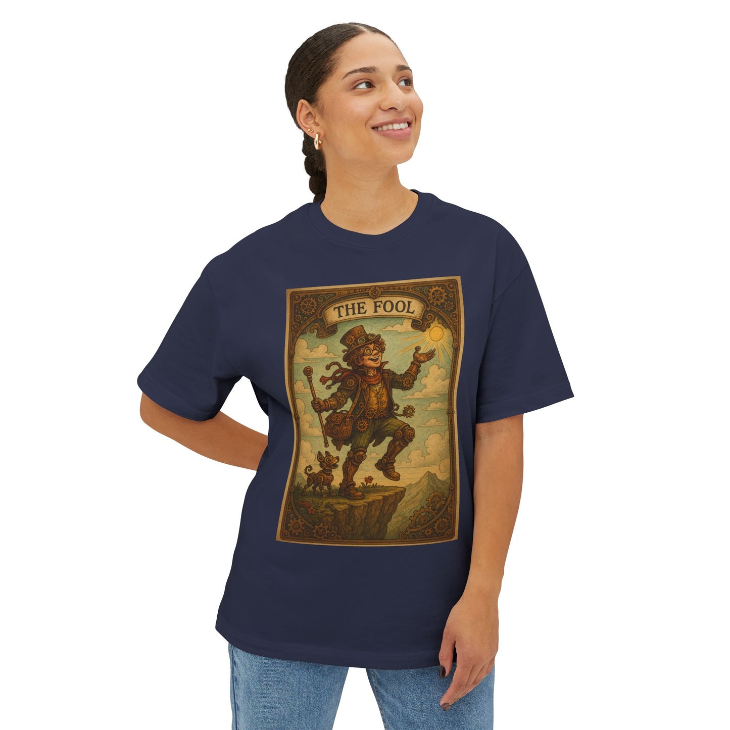 Mystical Tarot-Themed Unisex Oversized Boxy Tee, Tarot Gift, Witchy Apparel, Boho Style Shirt, Spiritual Clothing, The Fool Design