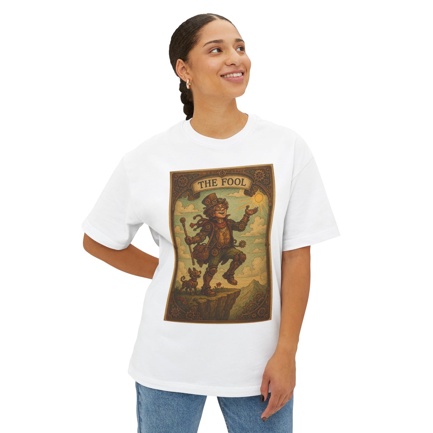 Mystical Tarot-Themed Unisex Oversized Boxy Tee, Tarot Gift, Witchy Apparel, Boho Style Shirt, Spiritual Clothing, The Fool Design.