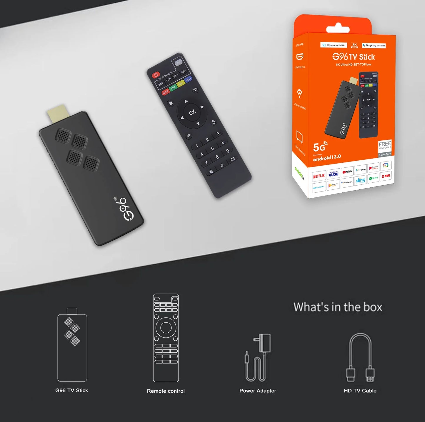 G96 high-performance android 13.0 4k smart TV Stick ATV H313 2GB RAM 16GB ROM Q2 infrared remote control tv stick Dual Wifi