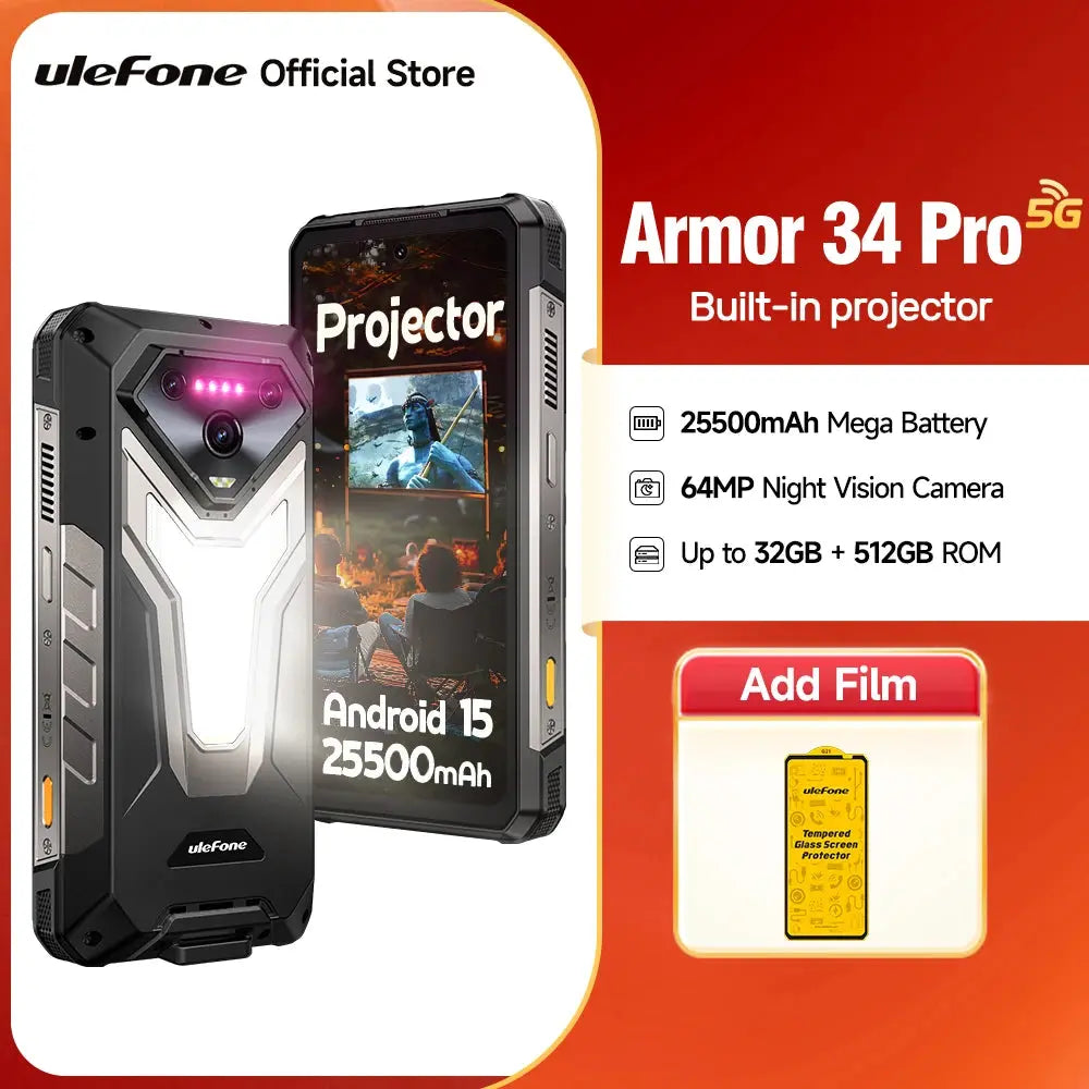 【NEW】Ulefone AI Smartphone Armor 34 Pro 5G 25500mAh Built-in Projector 512GB ROM 120Hz 6.95" NFC Smartphone Mobile Phone Tarot Yeah