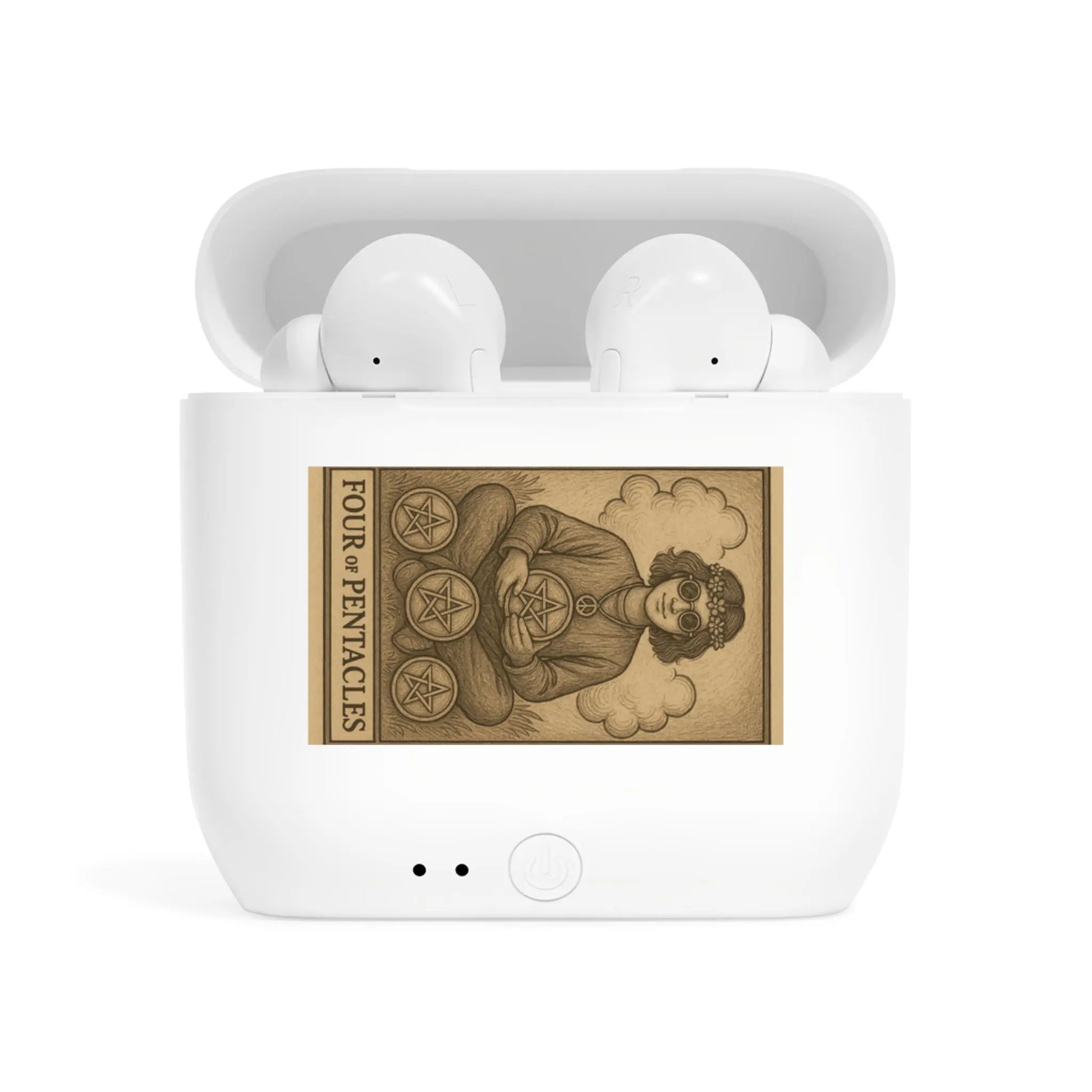 Tarot-Inspired Wireless Earbuds Case, Unique Gift for Music Lovers, Four of Pentacles Design, Astrology Accessory, Perfect for Meditation.