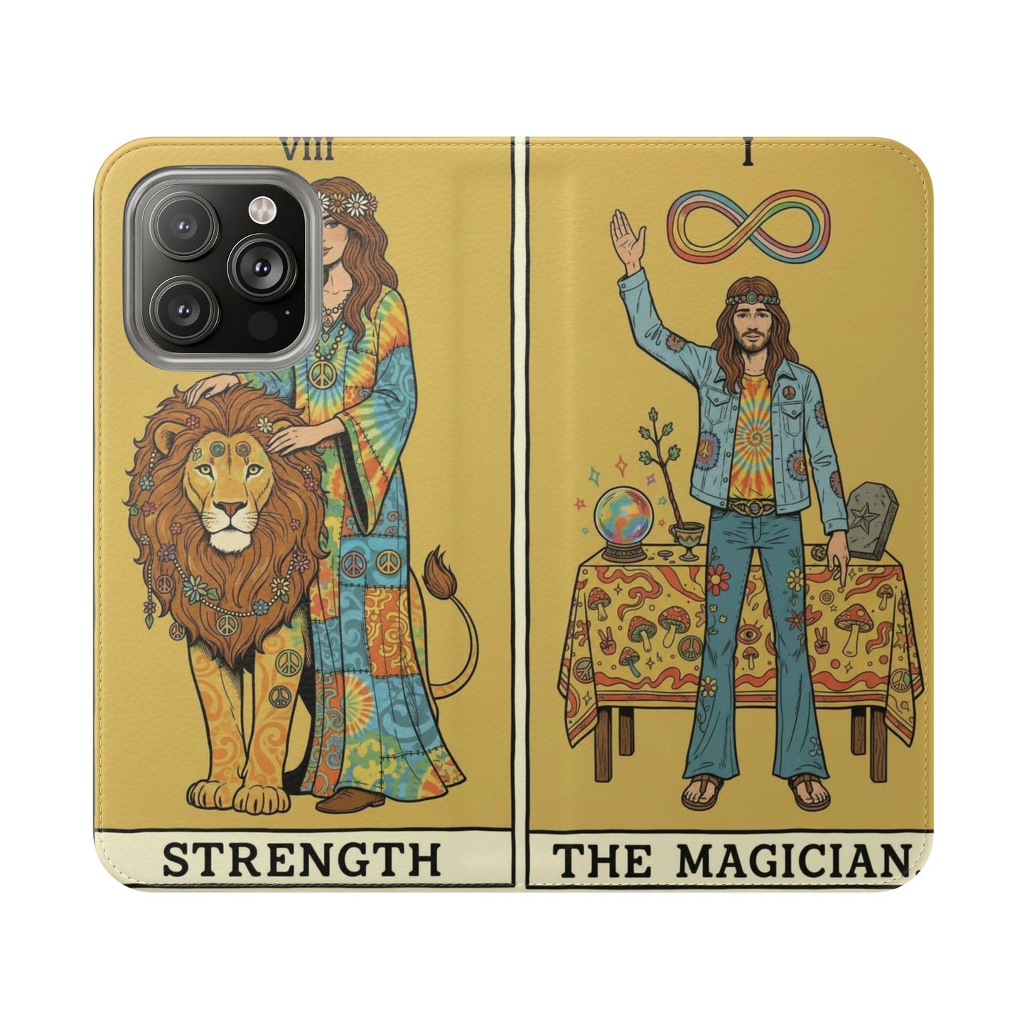 Vintage Tarot Flip Cases, Boho Phone Cover, Strength & The Magician Design, Magical Gift for Tarot Lovers, Unique Smartphone Protector