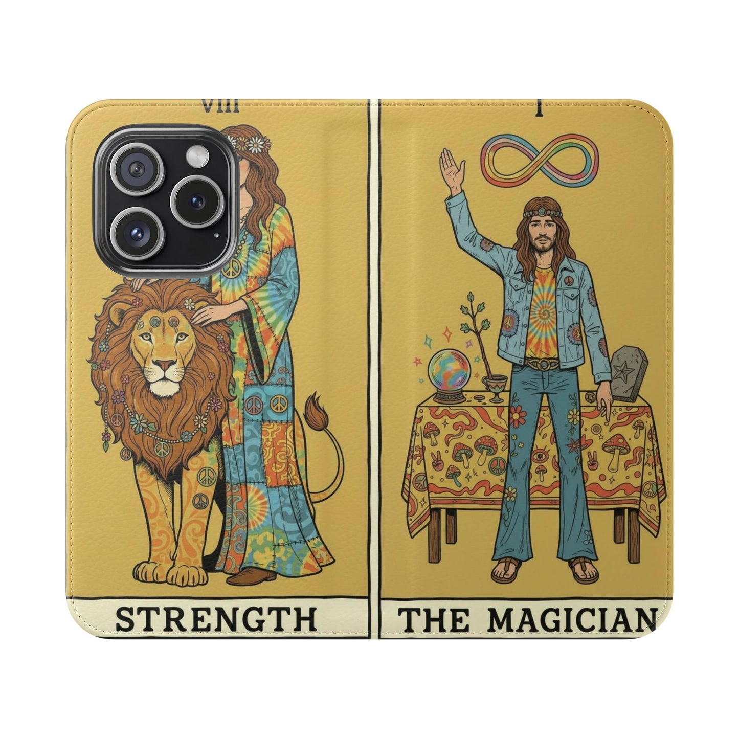 Vintage Tarot Flip Cases, Boho Phone Cover, Strength & The Magician Design, Magical Gift for Tarot Lovers, Unique Smartphone Protector