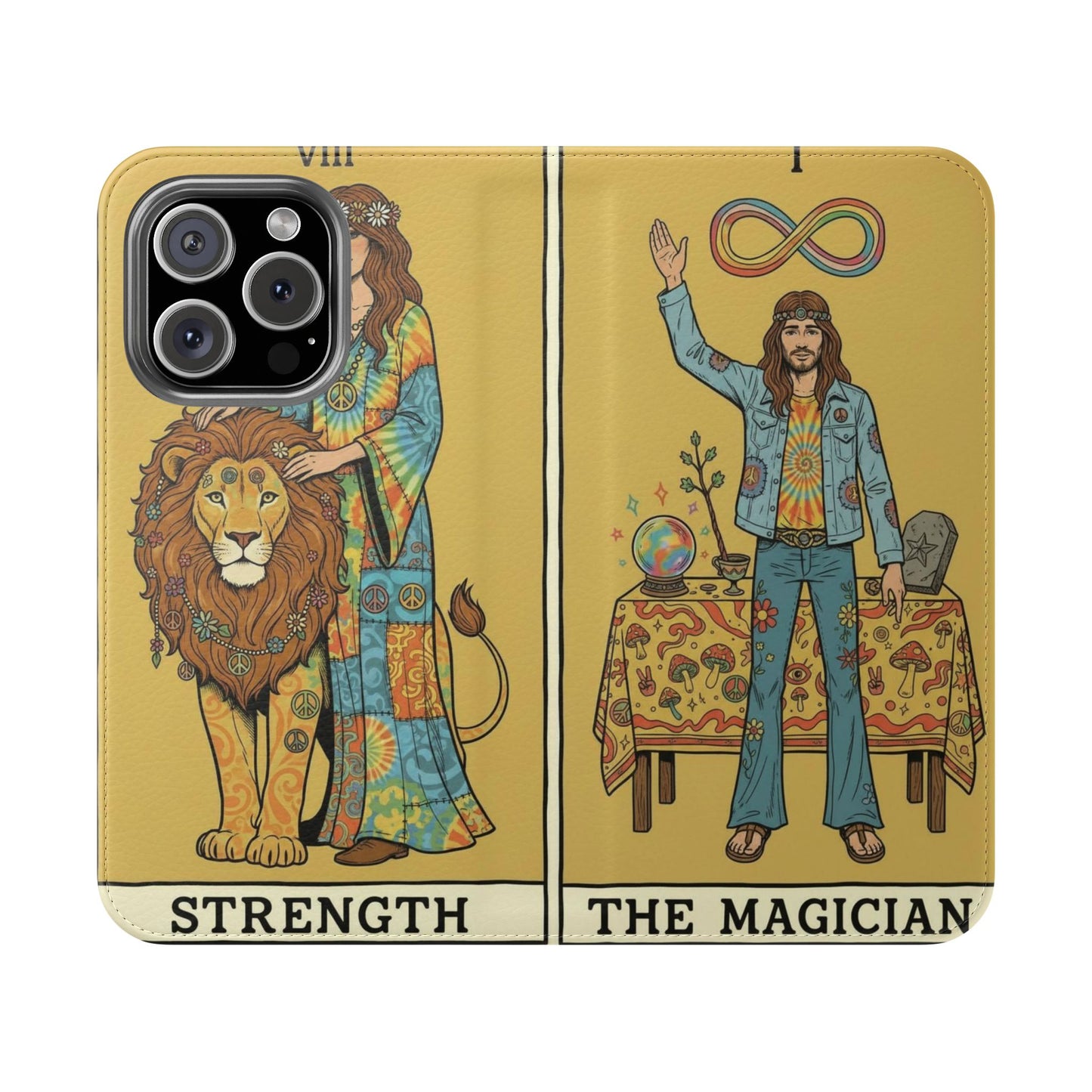 Vintage Tarot Flip Cases, Boho Phone Cover, Strength & The Magician Design, Magical Gift for Tarot Lovers, Unique Smartphone Protector