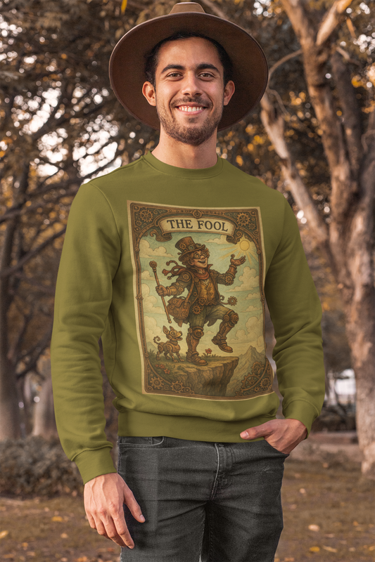 Unisex cotton Sweatshirt with colorful The Fool tarot card print in vintage hippie style.
