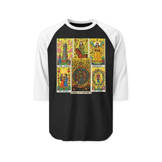 Vintage-style tarot card print on a unisex cotton t-shirt with hippie flower child design