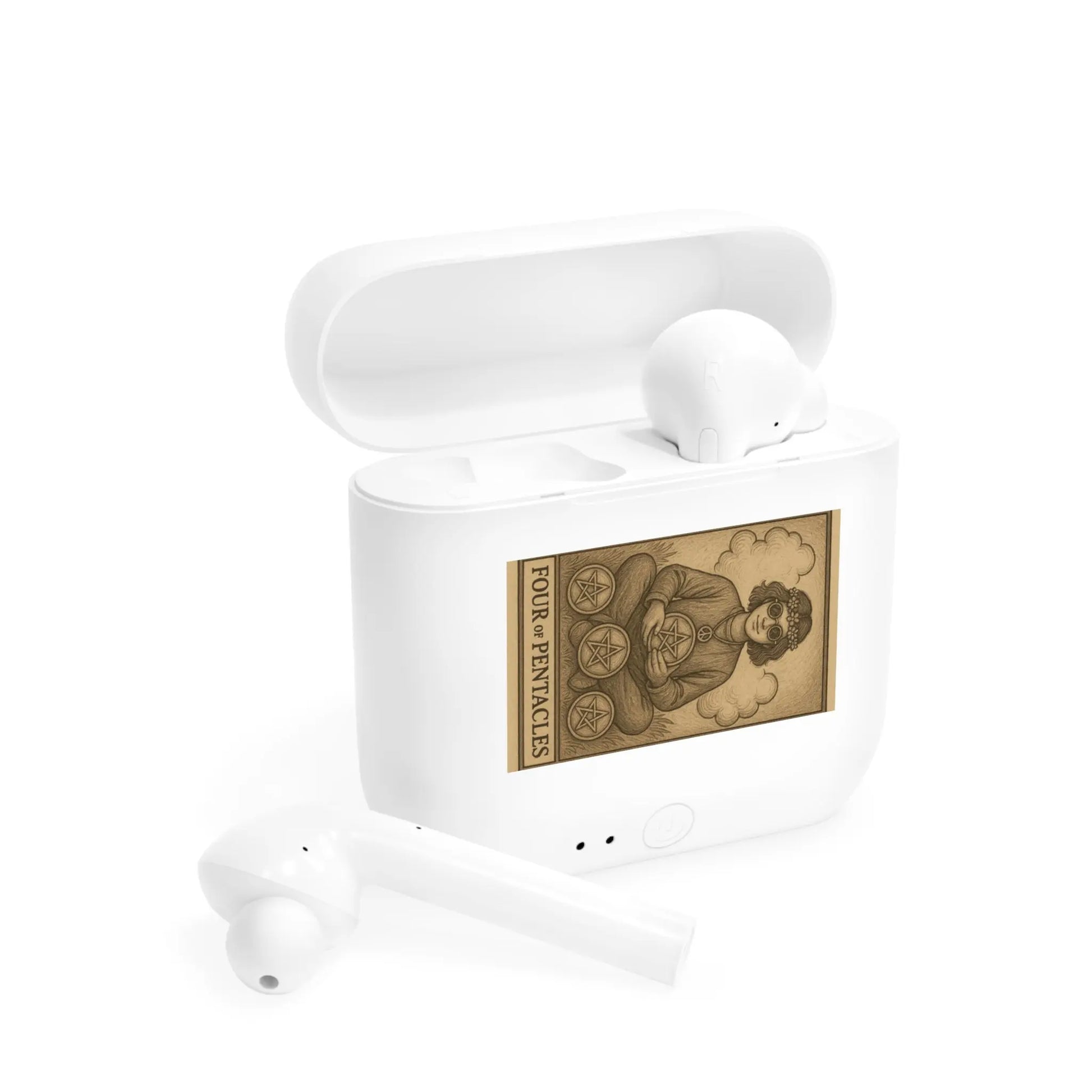 Tarot-Inspired Wireless Earbuds Case, Unique Gift for Music Lovers, Four of Pentacles Design, Astrology Accessory, Perfect for Meditation.