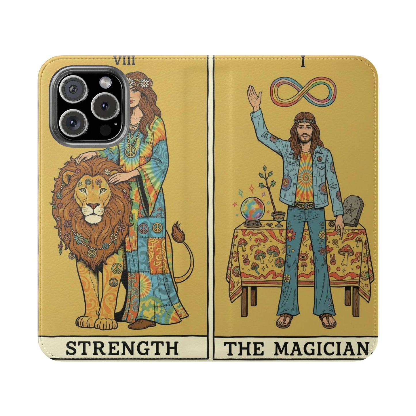 Vintage Tarot Flip Cases, Boho Phone Cover, Strength & The Magician Design, Magical Gift for Tarot Lovers, Unique Smartphone Protector