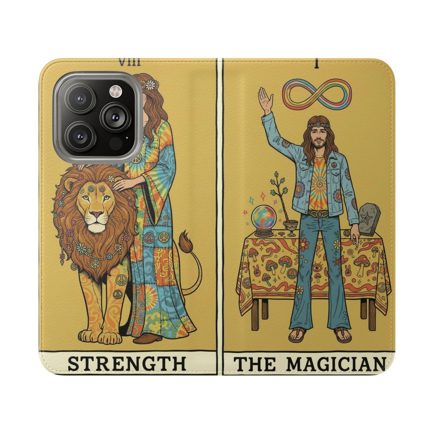 Vintage Tarot Flip Cases, Boho Phone Cover, Strength & The Magician Design, Magical Gift for Tarot Lovers, Unique Smartphone Protector