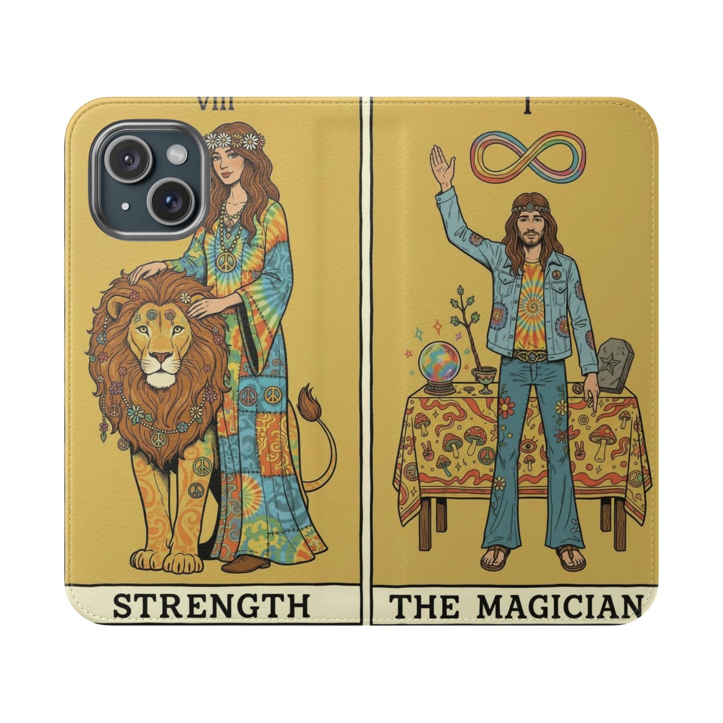 Vintage Tarot Flip Cases, Boho Phone Cover, Strength & The Magician Design, Magical Gift for Tarot Lovers, Unique Smartphone Protector