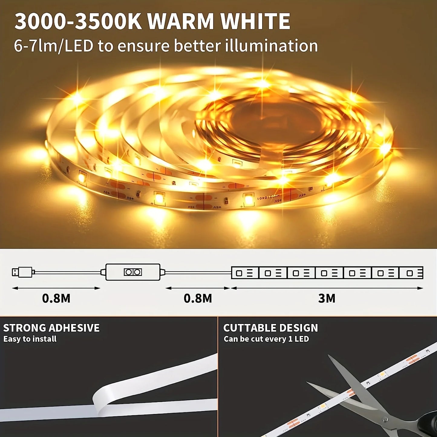 Hand Sweep LED Strip Lights 1M 2M 3M 5M LED Strip with Hand Sweep Motion Sensor Switch for Kitchen Stairs Wardrobe