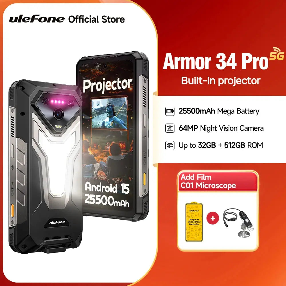 【NEW】Ulefone AI Smartphone Armor 34 Pro 5G 25500mAh  Built-in Projector 512GB ROM   120Hz 6.95" NFC Smartphone Mobile Phone Tarot Yeah