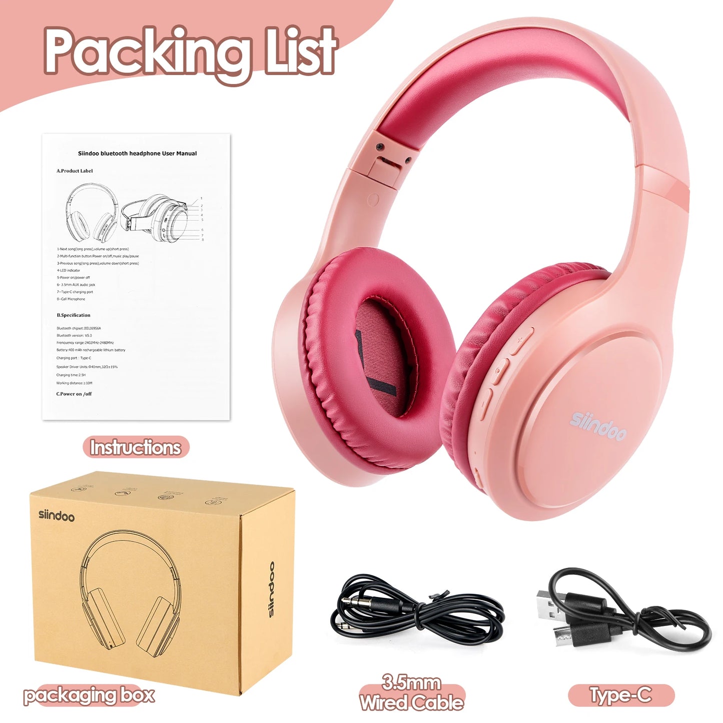 Siindoo JH-919 Foldable Wireless Headphones, Bluetooth Stereo Earphones Super Bass With Mic 4colors For Iphone Laptop PC