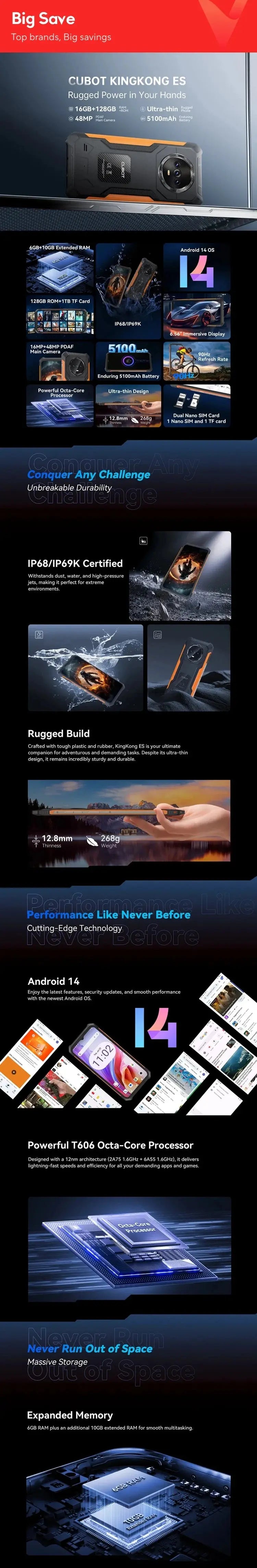 Cubot KingKong ES Ultra-thin Rugged Android Smartphone, 16GB RAM(6GB+10GB), 128GB ROM, 6.56" 90Hz Screen, 48MP Camera, 4G Phone Tarot Yeah