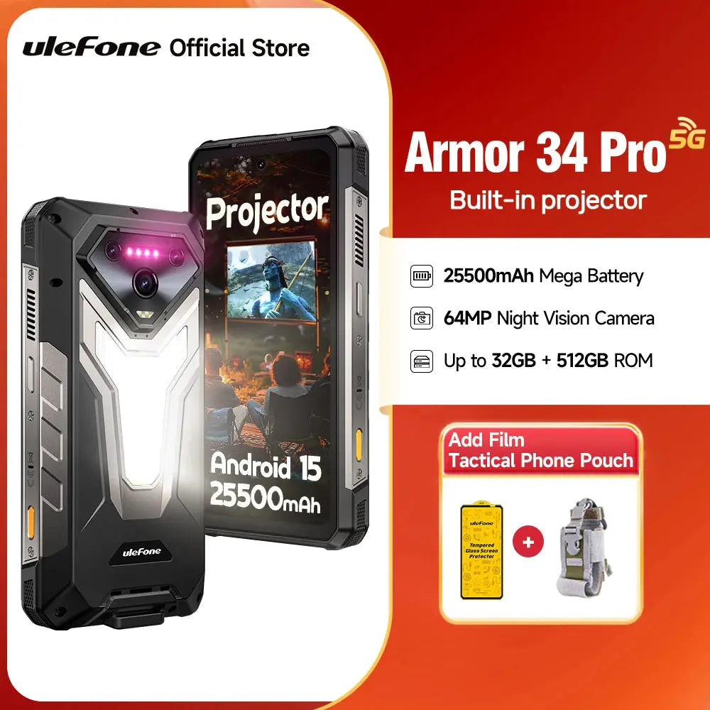 【NEW】Ulefone AI Smartphone Armor 34 Pro 5G 25500mAh  Built-in Projector 512GB ROM   120Hz 6.95" NFC Smartphone Mobile Phone Tarot Yeah