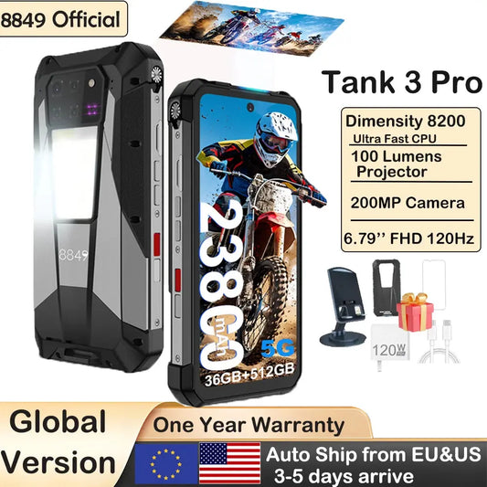 8849 Tank 3 Pro Unihertz Rugged Projector Smartphone 23800mAh 5G Android14 Outdoor Phone 512GB+36GB 120W Fast Charging Dual Sim Tarot Yeah