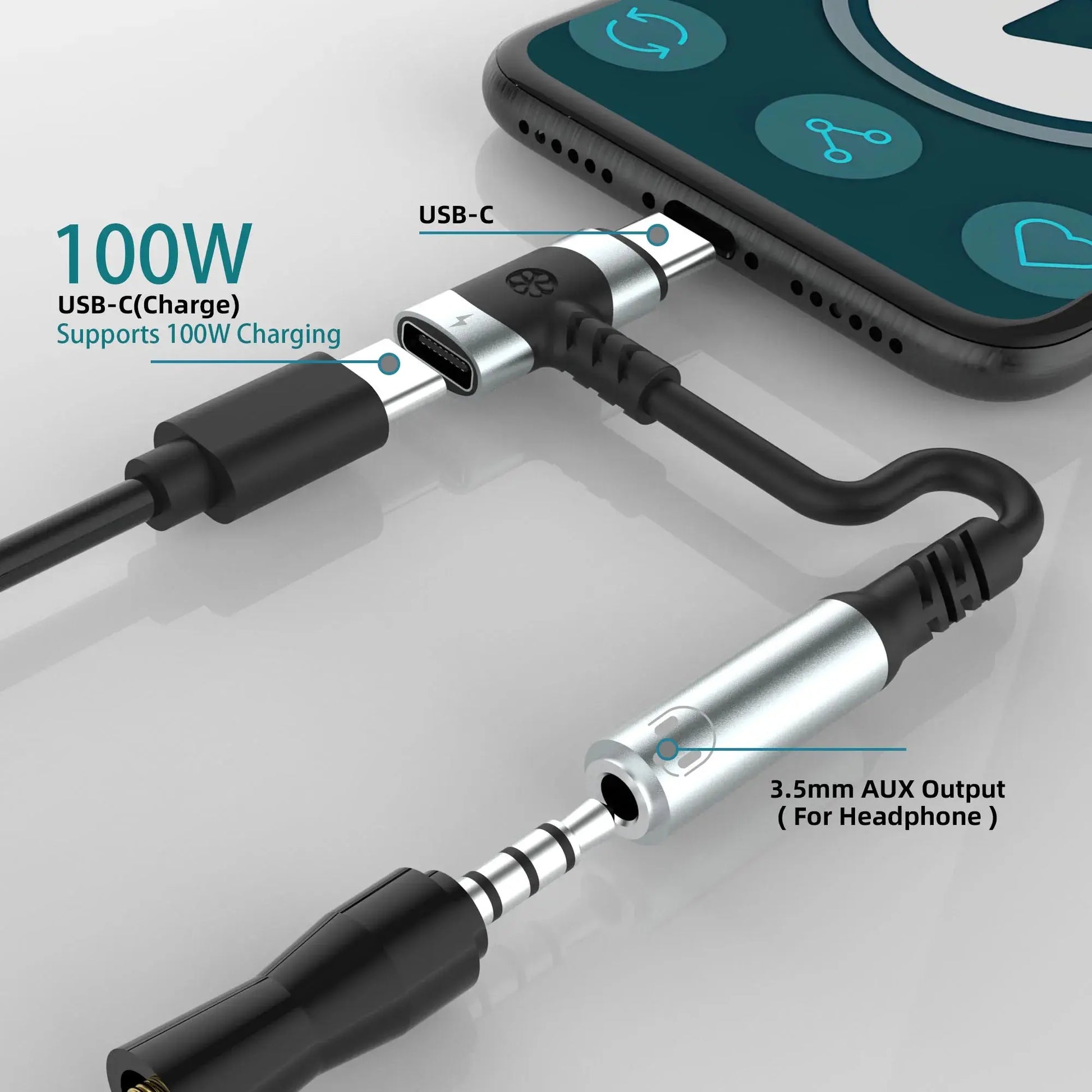 USB C to 3.5mm earphones and charger adapter 2-in-1 C-type to Aux microphone jack, with PD 100W fast charging encryption dongle. Tarot Yeah