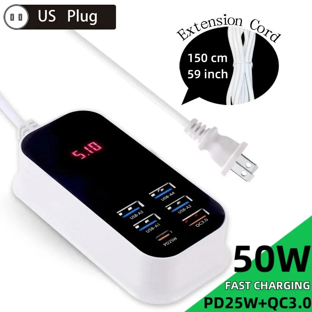 Real 50W 6-Ports USB Quick Charger PD QC 3.0 Fast Charging Display Type-C EU UK US 1.5M Desktop Power Adapter For Iphone Samsung Tarot Yeah