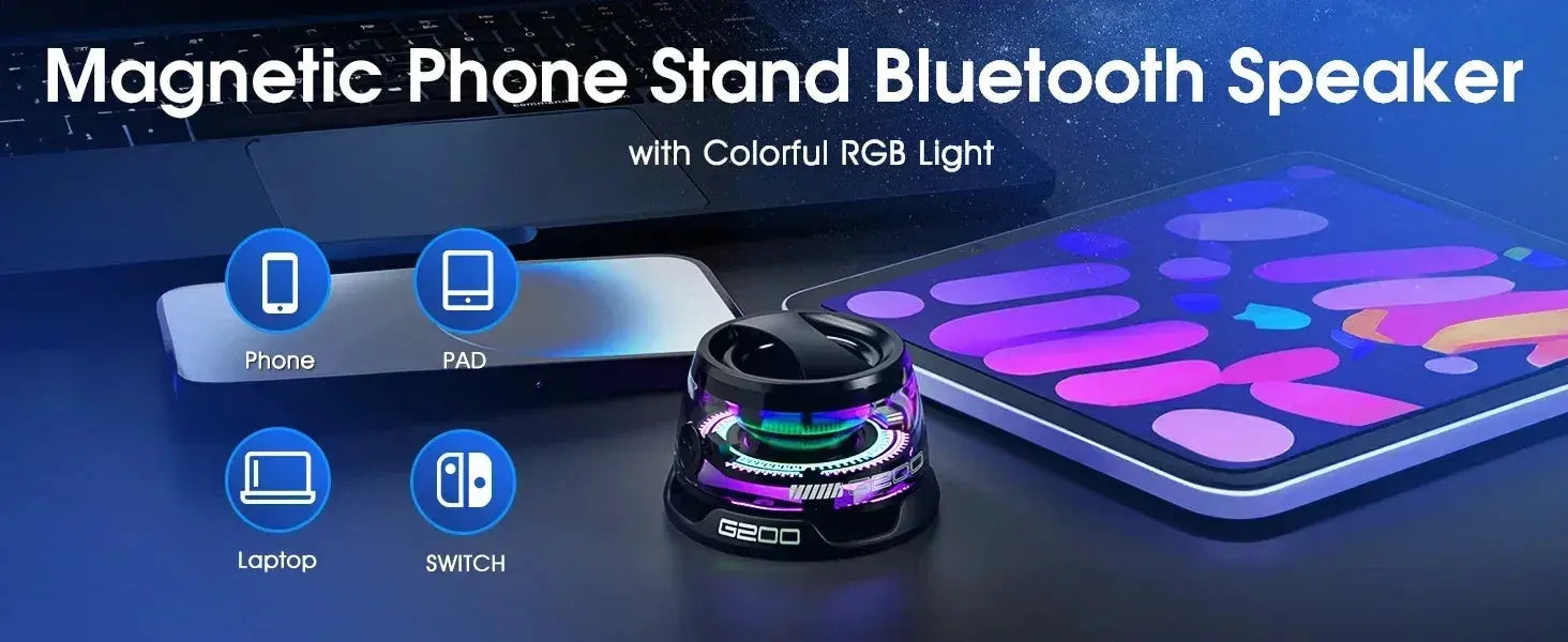 Outdoor Magnetic Bluetooth Speaker Wireless ‌Camping‌ Mini Travel Stereo Speaker with RGB Color Light and Phone Holder for IOS.