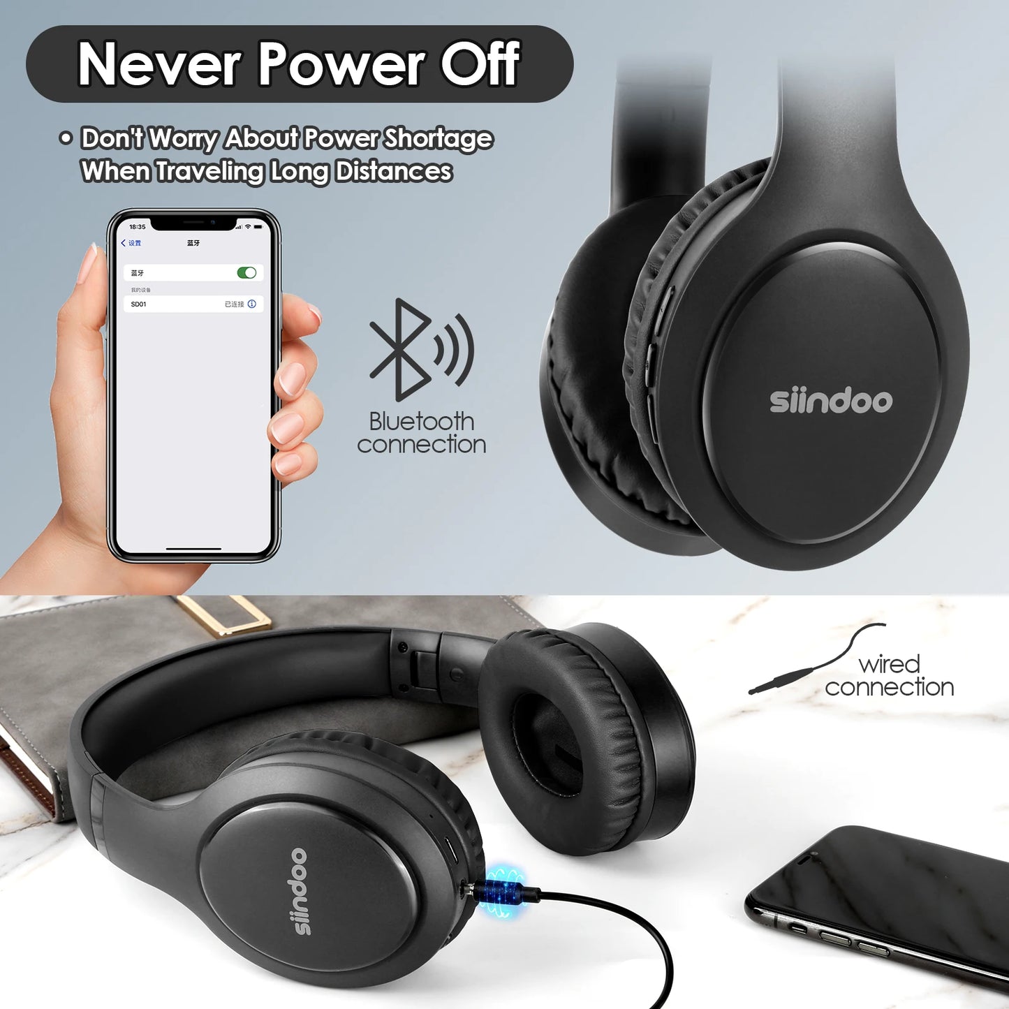 Siindoo JH-919 Foldable Wireless Headphones, Bluetooth Stereo Earphones Super Bass With Mic 4colors For Iphone Laptop PC