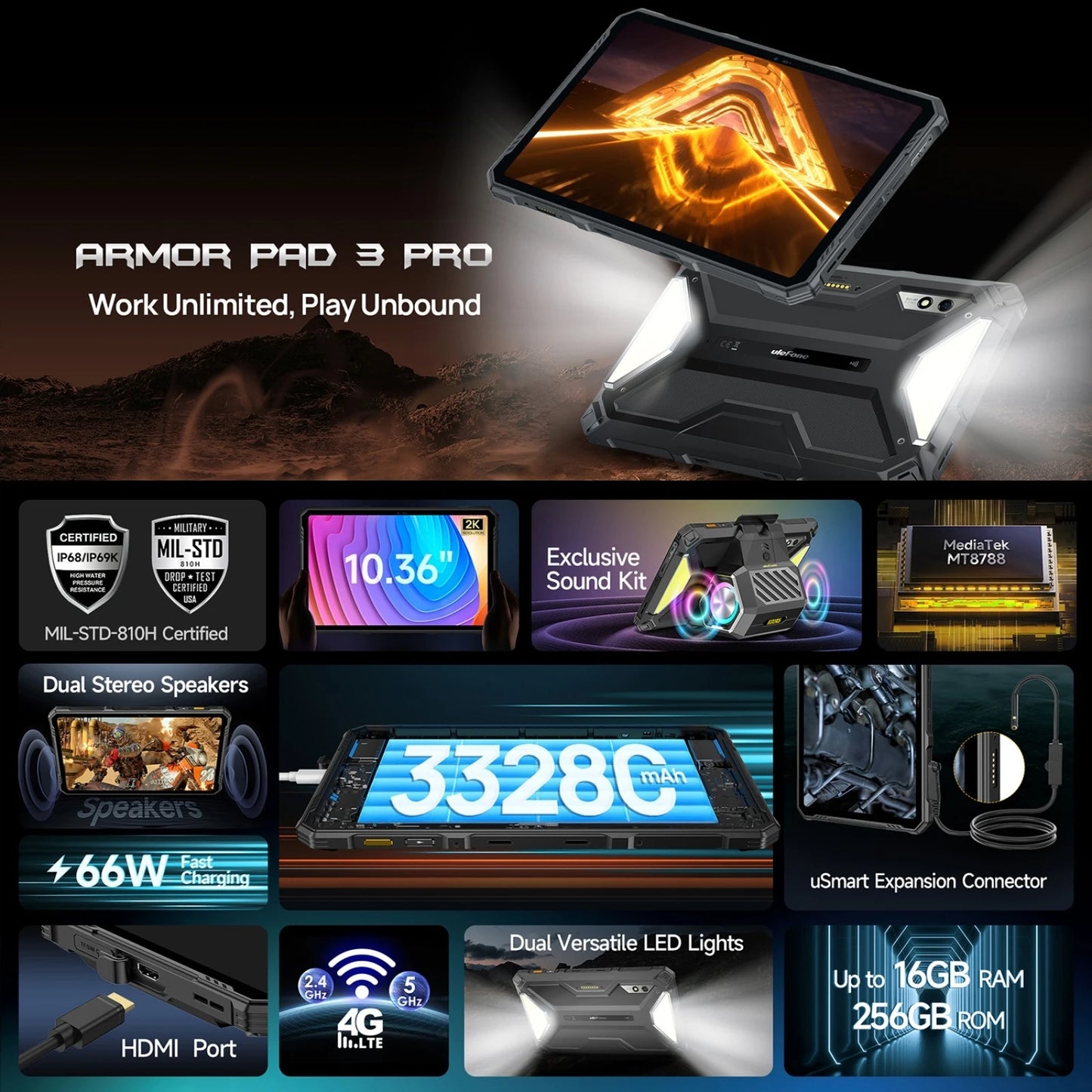 Ulefone Armor Pad 3 Pro Rugged Tablet PC 33280mAh MediaTek MT8788 16GB RAM(8+8) 256GB ROM 50MP 10.36"2K Android 4G NFC Tablet