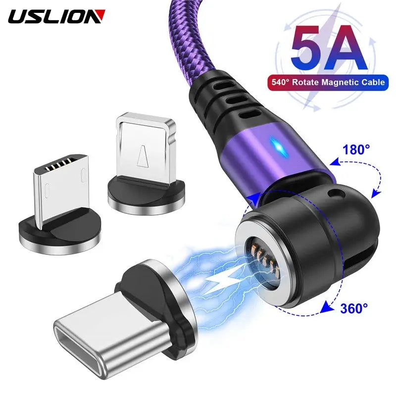USLION 540 Rotate 5A Magnetic Cable Fast Charging Type C Cable Micro USB Magnet Charge Phone Data Line Wire For iphone 15 Xiaomi Tarot Yeah