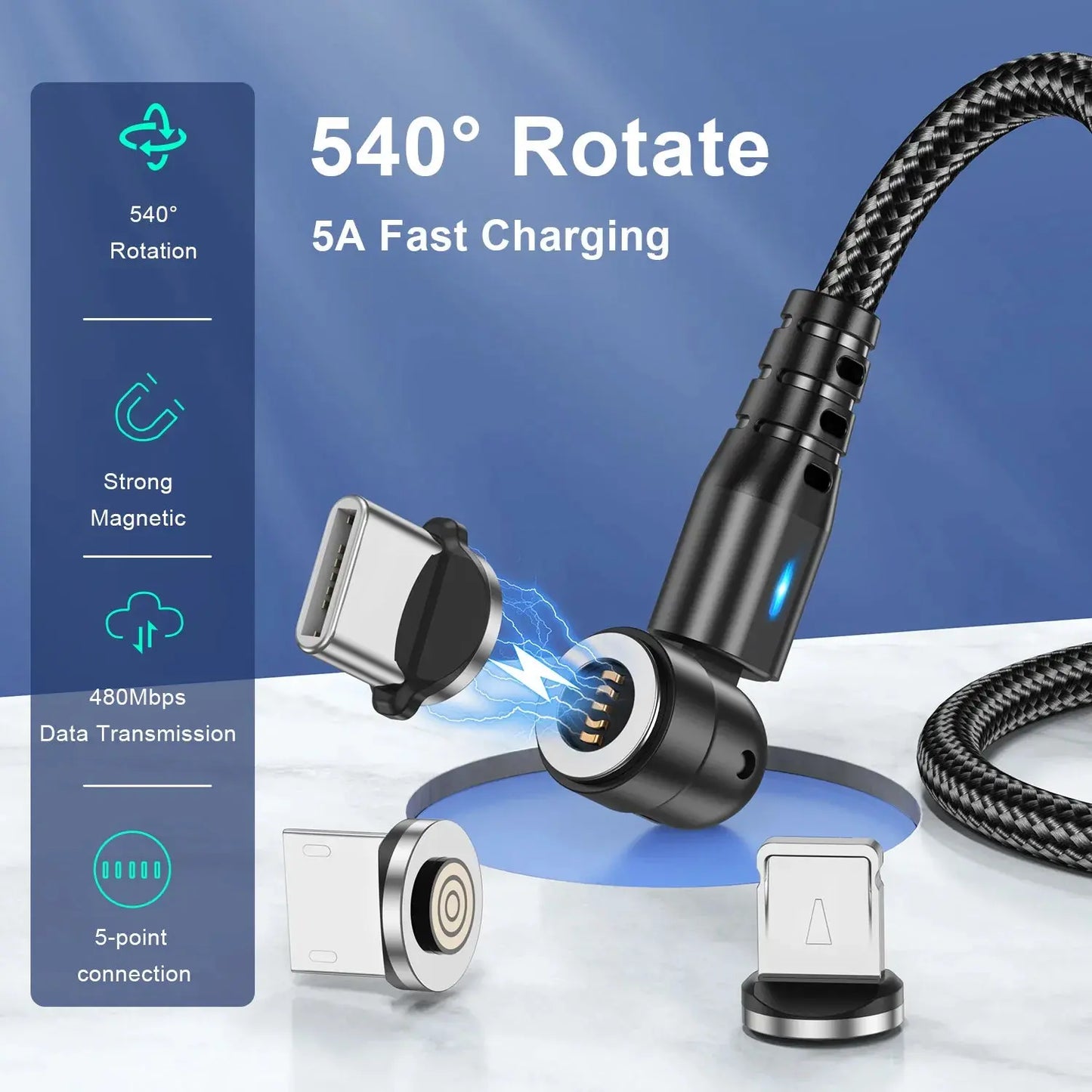USLION 540 Rotate 5A Magnetic Cable Fast Charging Type C Cable Micro USB Magnet Charge Phone Data Line Wire For iphone 15 Xiaomi Tarot Yeah