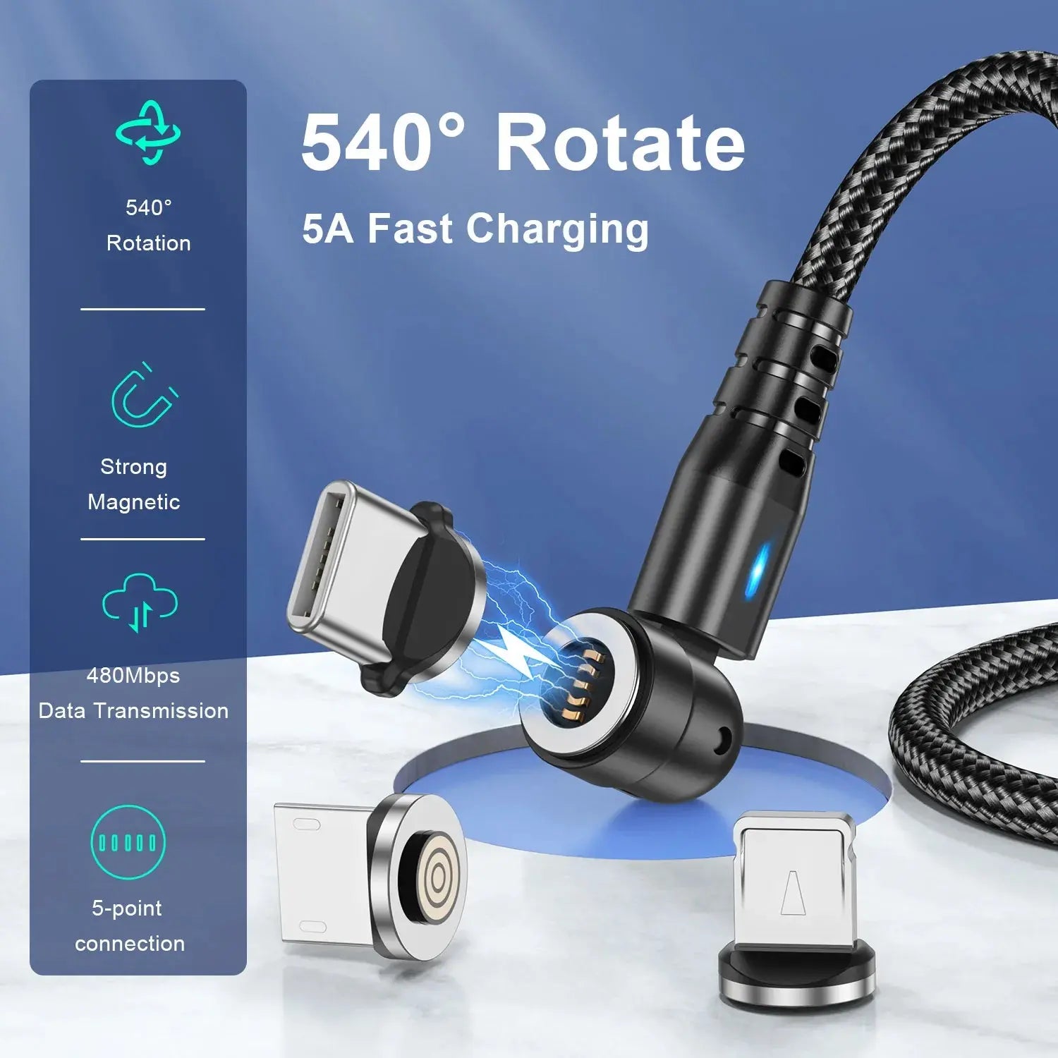 USLION 540 Rotate 5A Magnetic Cable Fast Charging Type C Cable Micro USB Magnet Charge Phone Data Line Wire For iphone 15 Xiaomi Tarot Yeah
