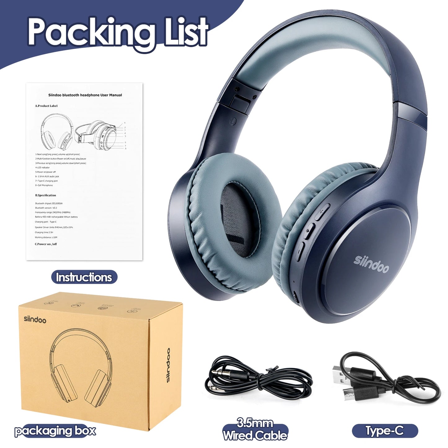Siindoo JH-919 Foldable Wireless Headphones, Bluetooth Stereo Earphones Super Bass With Mic 4colors For Iphone Laptop PC
