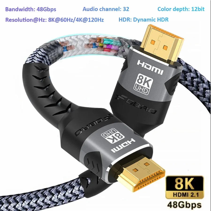 HDMI cable with 8K and 48Gbps specifications on a white background