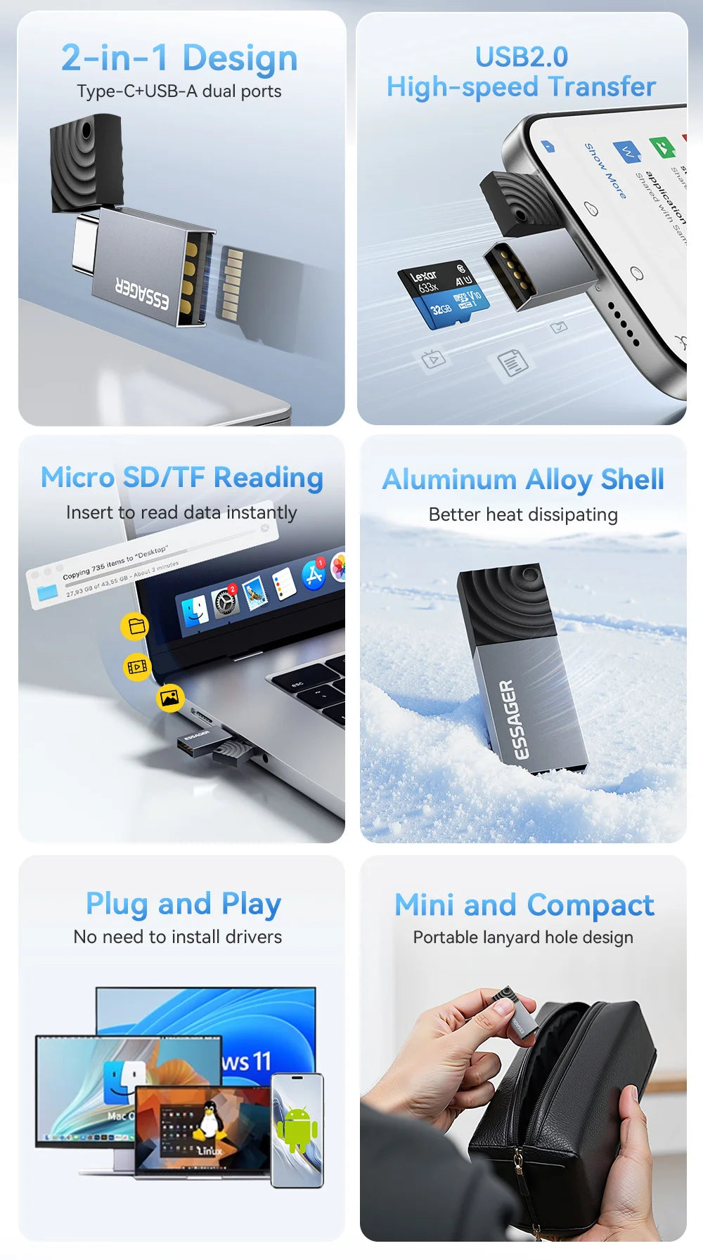 Essager 2 in 1 TF SD Card Reader USB 2.0 Memory Card Adapter Smart High Speed Cardreader Convertor for PC Laptop Accessories