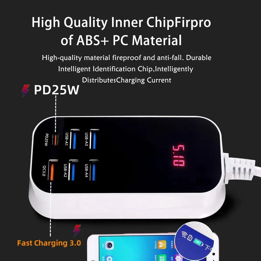 Real 50W 6-Ports USB Quick Charger PD QC 3.0 Fast Charging Display Type-C EU UK US 1.5M Desktop Power Adapter For Iphone Samsung Tarot Yeah