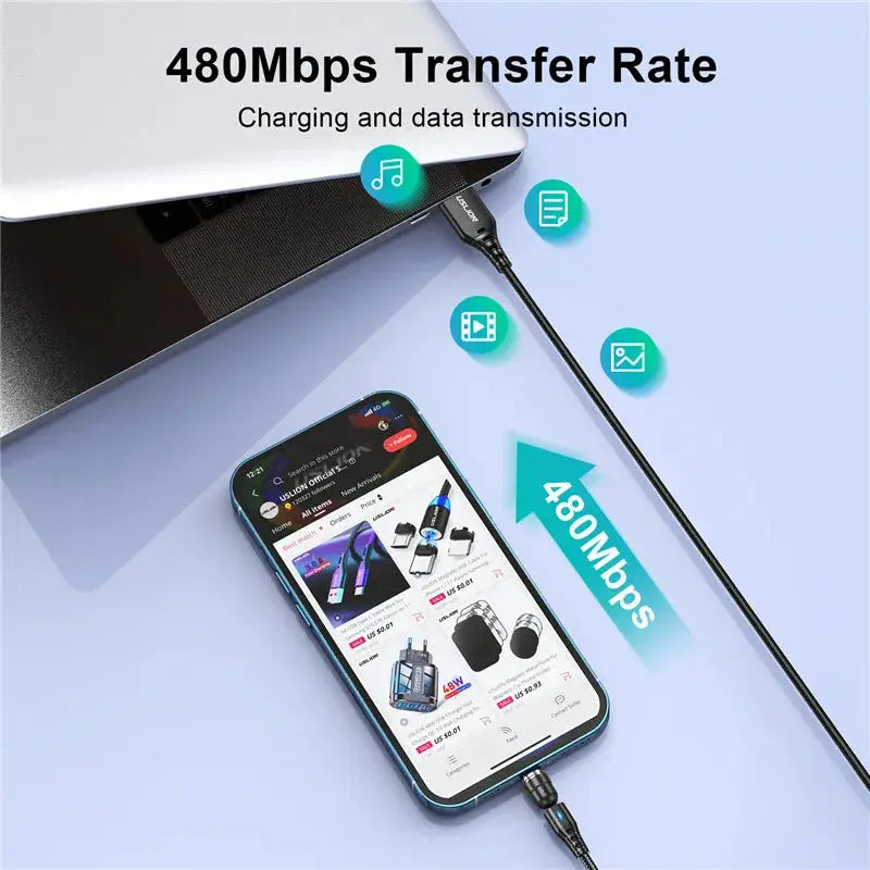 USLION 540 Rotate 5A Magnetic Cable Fast Charging Type C Cable Micro USB Magnet Charge Phone Data Line Wire For iphone 15 Xiaomi Tarot Yeah