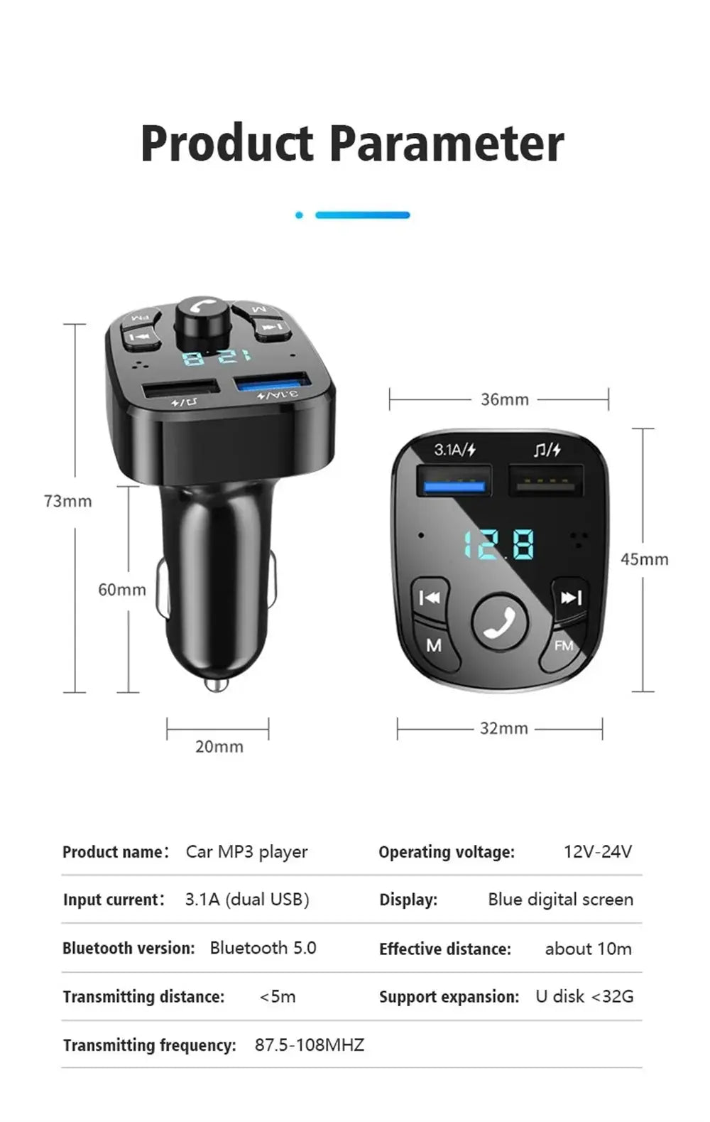 3.1A FM Transmitter Wireless Bluetooth 5.0 Car MP3 Player Dual USB Fast Charging Adapter  in Car Noise Reduction Audio Receiver Tarot Yeah