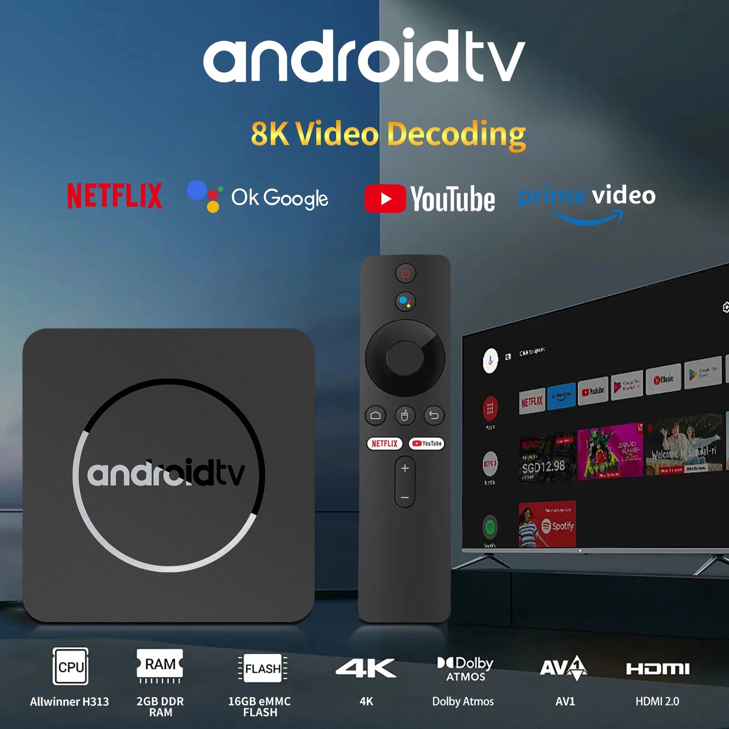 Q1 Smart TV Box Android13 Allwinner H313 Google Assistant 2GB16GB Dual 2.4G5.8GWifi Bluetooth 4K HDR10 Stream Media Player