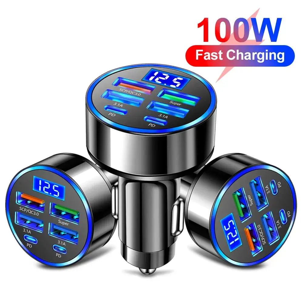 100W 6 Ports Car Charger Fast Charging PD QC3.0 USB C Car Phone Charger Type C Adapter in Car For iPhone Samsung Huawei Xiaomi Tarot Yeah