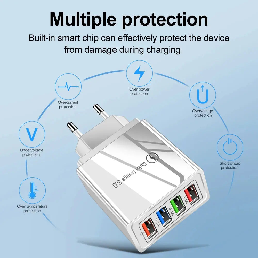 4 Ports 3.1A USB Wall Charger Quick Charge QC 3.0 Phone Adapter For iPhone 14 15 Pro Huawei Samsung Multiple USB Fast Charger Tarot Yeah