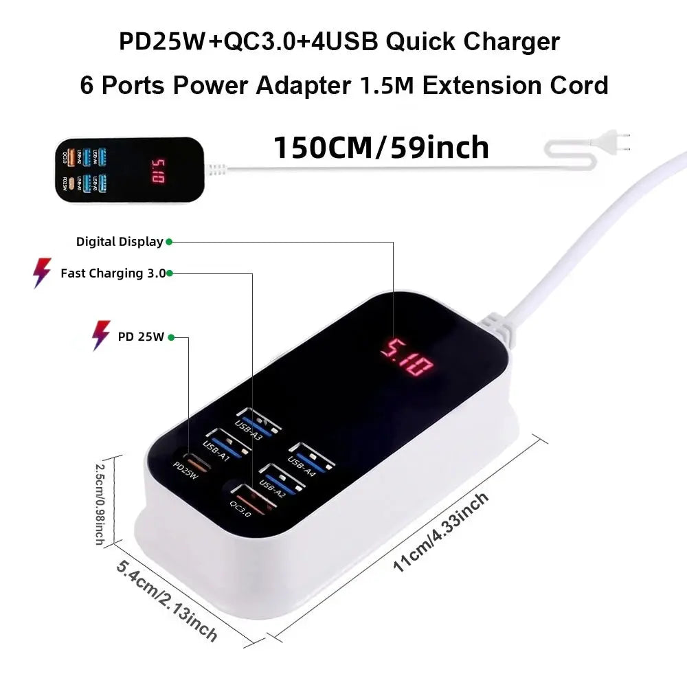 Real 50W 6-Ports USB Quick Charger PD QC 3.0 Fast Charging Display Type-C EU UK US 1.5M Desktop Power Adapter For Iphone Samsung Tarot Yeah