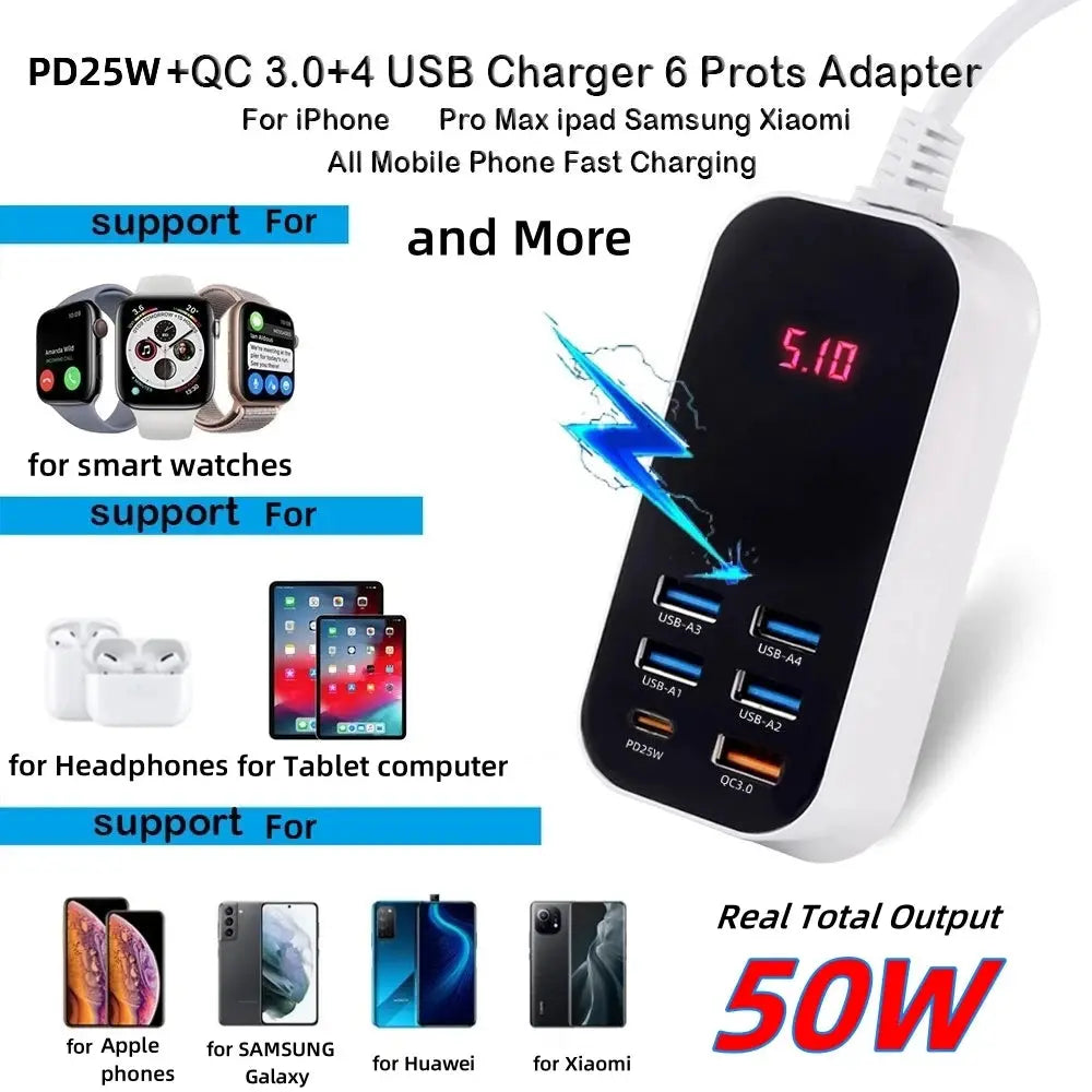 Real 50W 6-Ports USB Quick Charger PD QC 3.0 Fast Charging Display Type-C EU UK US 1.5M Desktop Power Adapter For Iphone Samsung Tarot Yeah