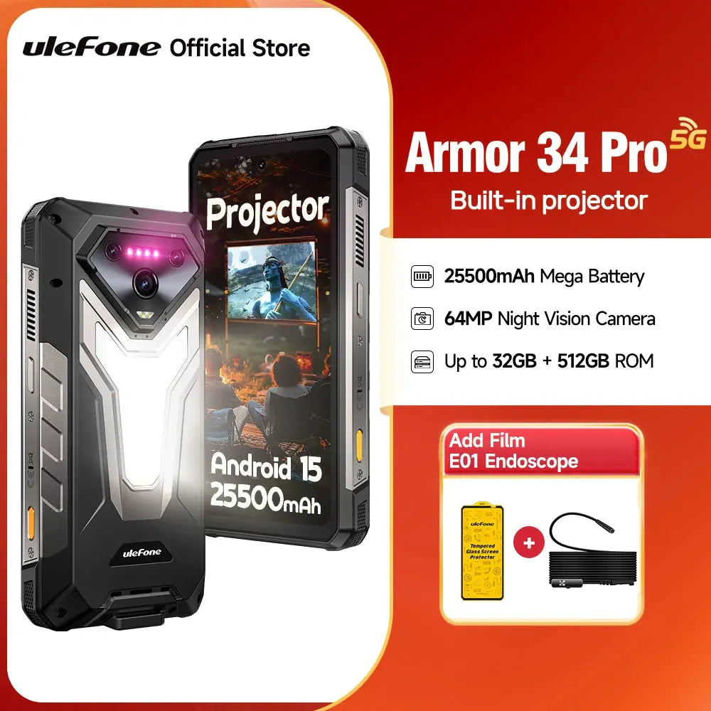 【NEW】Ulefone AI Smartphone Armor 34 Pro 5G 25500mAh  Built-in Projector 512GB ROM   120Hz 6.95" NFC Smartphone Mobile Phone Tarot Yeah