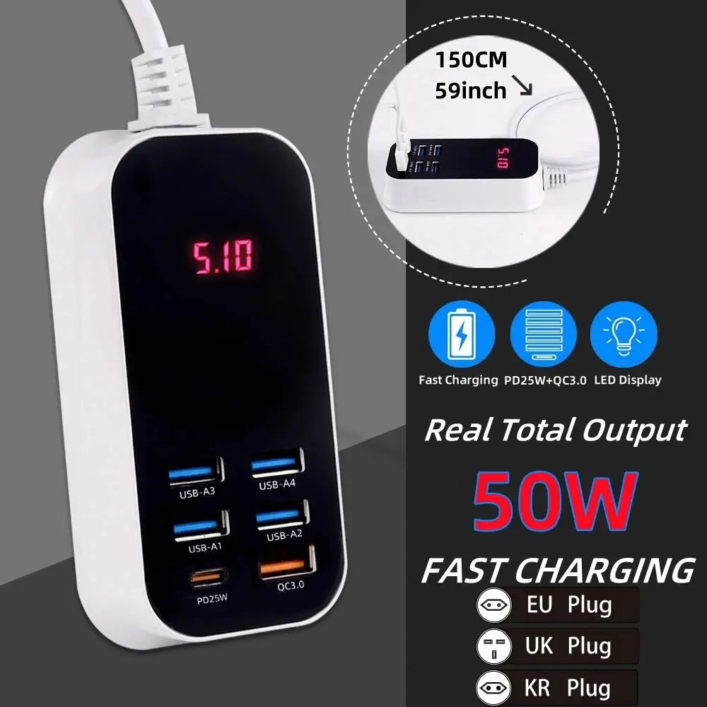 Real 50W 6-Ports USB Quick Charger PD QC 3.0 Fast Charging Display Type-C EU UK US 1.5M Desktop Power Adapter For Iphone Samsung Tarot Yeah