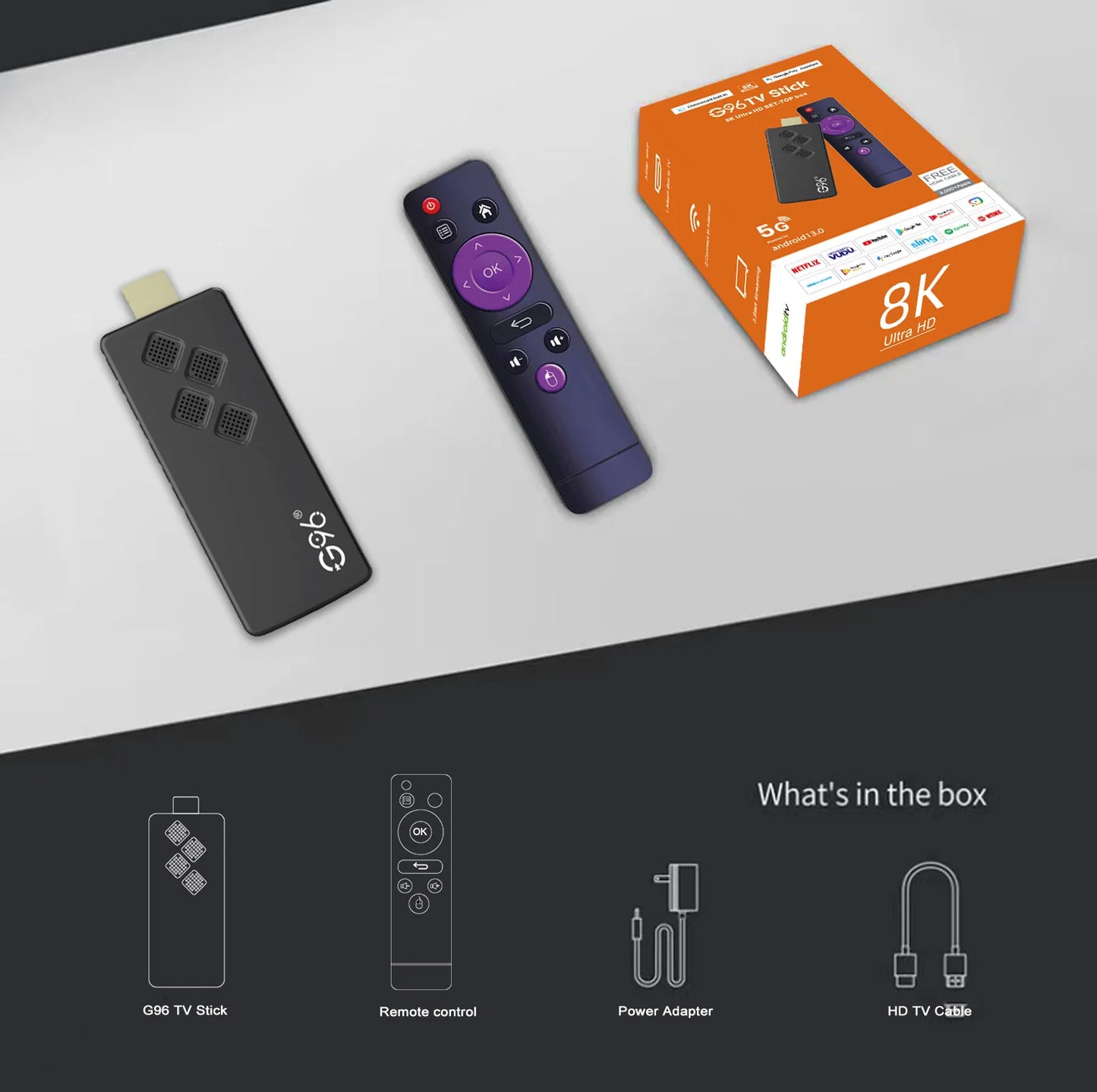 G96 high-performance android 13.0 4k smart TV Stick ATV H313 2GB RAM 16GB ROM Q2 infrared remote control tv stick Dual Wifi