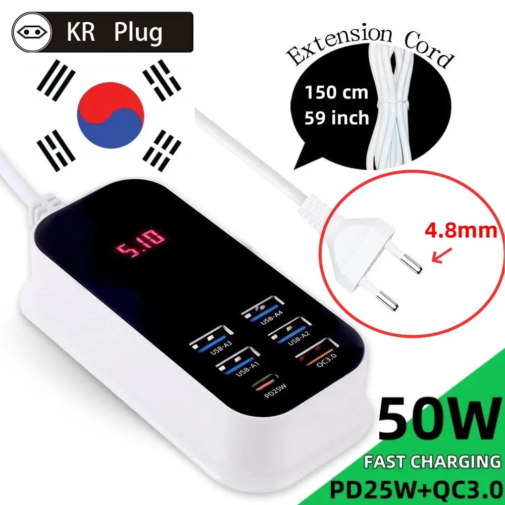 Real 50W 6-Ports USB Quick Charger PD QC 3.0 Fast Charging Display Type-C EU UK US 1.5M Desktop Power Adapter For Iphone Samsung Tarot Yeah