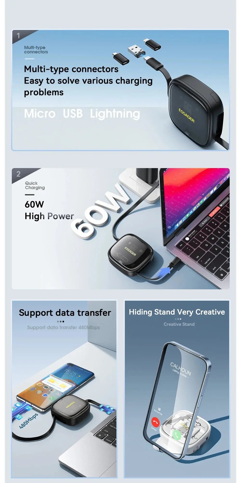 Essager USB C To Tpye C Cable PD 60W for Xiaomi Poco Fast Charging Data Travel Multi Functional Cord With Holder Storage Box Tarot Yeah
