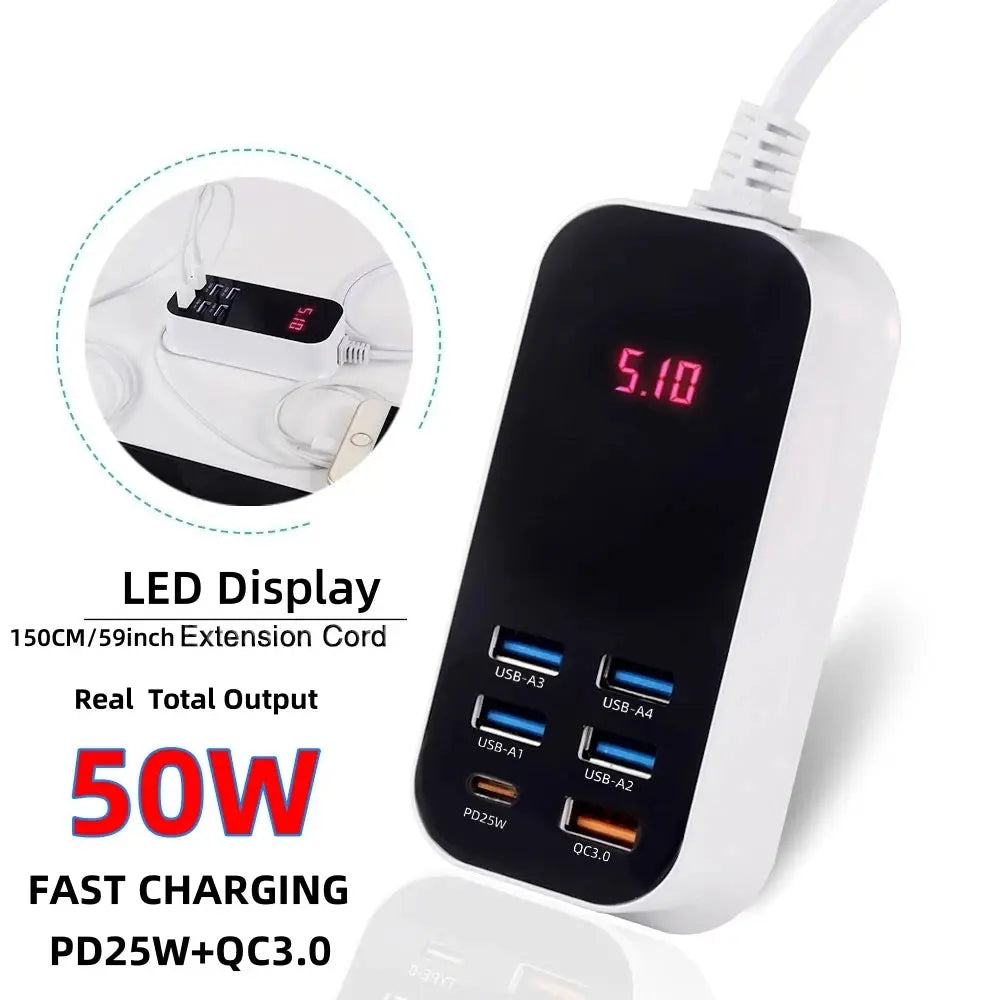 Real 50W 6-Ports USB Quick Charger PD QC 3.0 Fast Charging Display Type-C EU UK US 1.5M Desktop Power Adapter For Iphone Samsung Tarot Yeah
