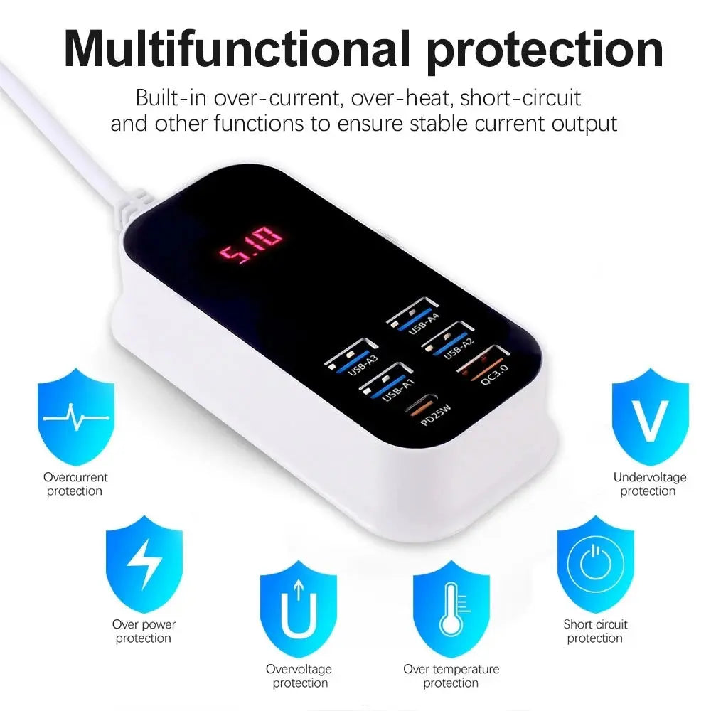 Real 50W 6-Ports USB Quick Charger PD QC 3.0 Fast Charging Display Type-C EU UK US 1.5M Desktop Power Adapter For Iphone Samsung Tarot Yeah