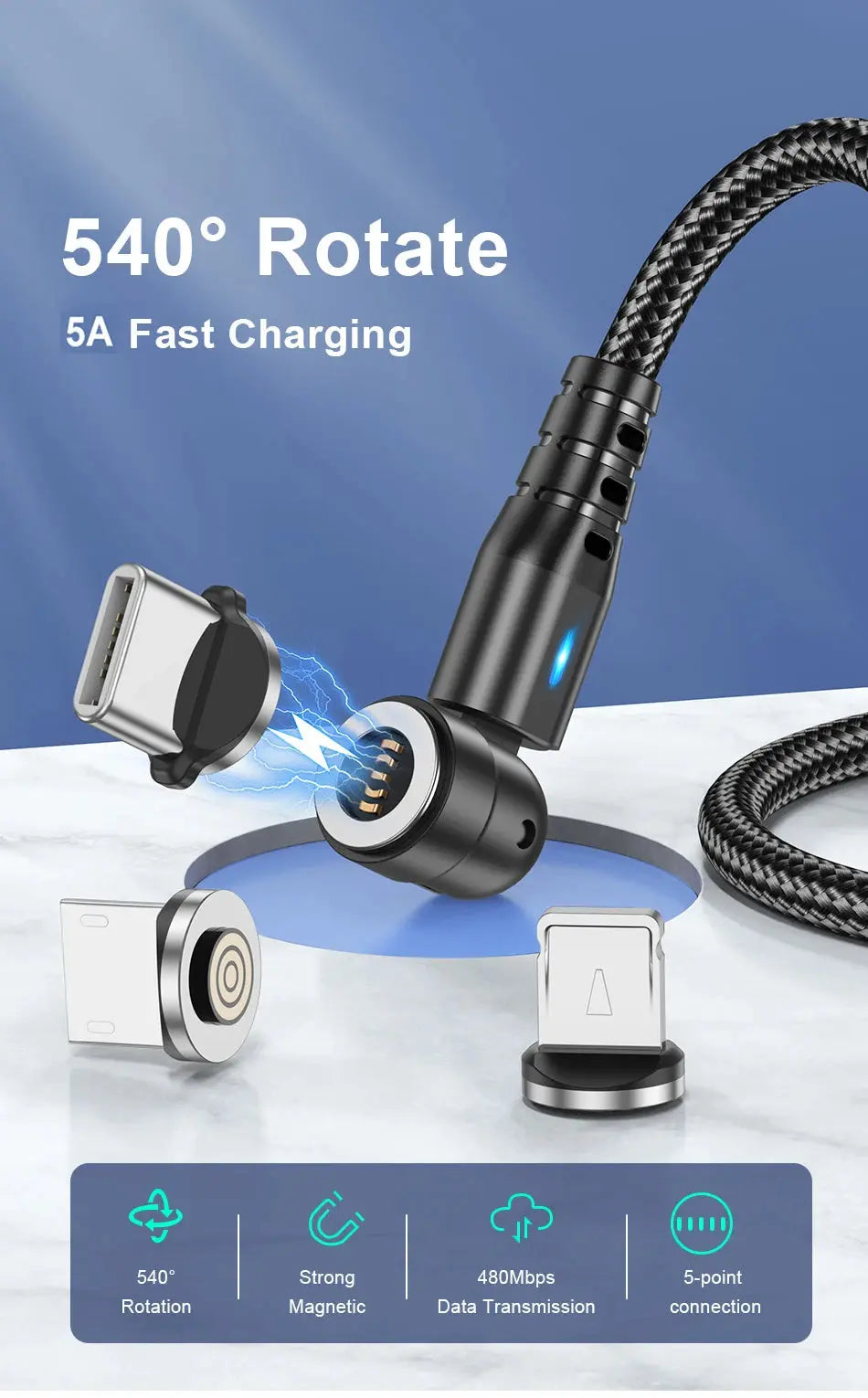 USLION 540 Rotate 5A Magnetic Cable Fast Charging Type C Cable Micro USB Magnet Charge Phone Data Line Wire For iphone 15 Xiaomi Tarot Yeah